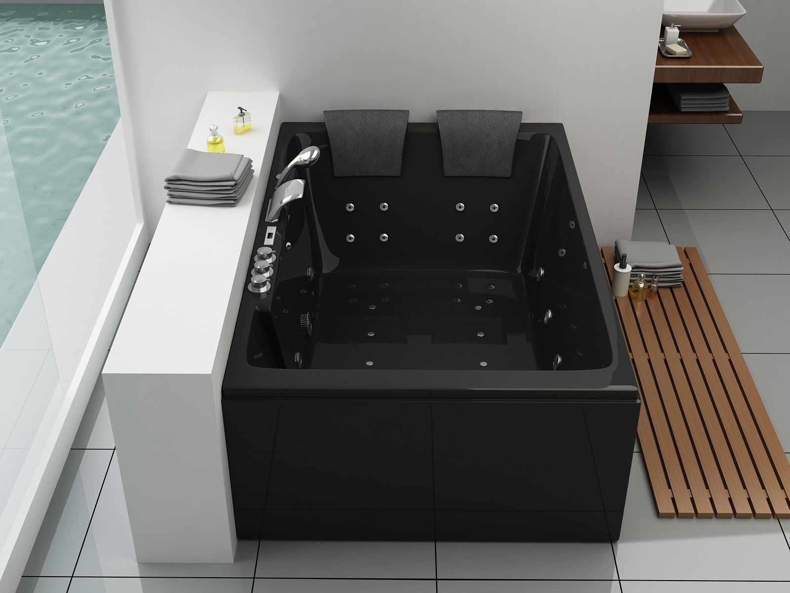 Whirlpool Torino, 180 x 120 cm, colore nero, vasca idromassaggio per interni per 2 persone con 14 idrojet e 8 airjet, riscaldamento, luce a LED, sistema audio Bluetooth e cascata