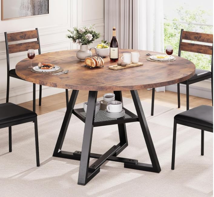 Table à manger ronde en bois pour 4 à 6 personnes - 120 cm - Table de cuisine, salle à manger avec 1 étagères ouvertes - Pour salle à manger, cuisine,...