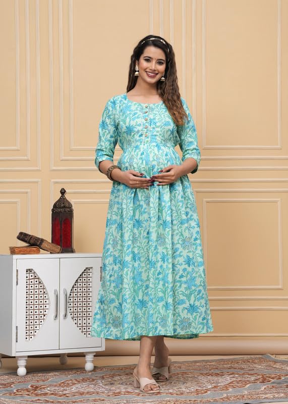 Image of JAIPURFAME Stylish Women's Pure Cotton All Over Printed Kurti Gown, Maternity Dress, and Feeding Dress - Comfortable and Elegant Maternity Wear for Women Aqua
