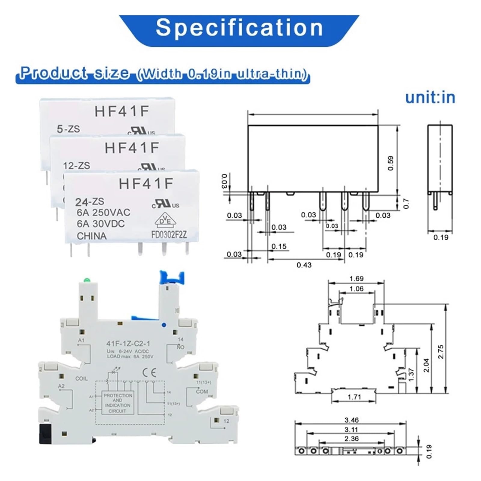 Modulo relè su guida DIN da 10 pezzi HF 41F sottile con LED 6A 5 V 12 V 24 V 41F-5-ZS 41F-12-ZS 41F-24-ZS ad alta frequenza(10PCS 5V)