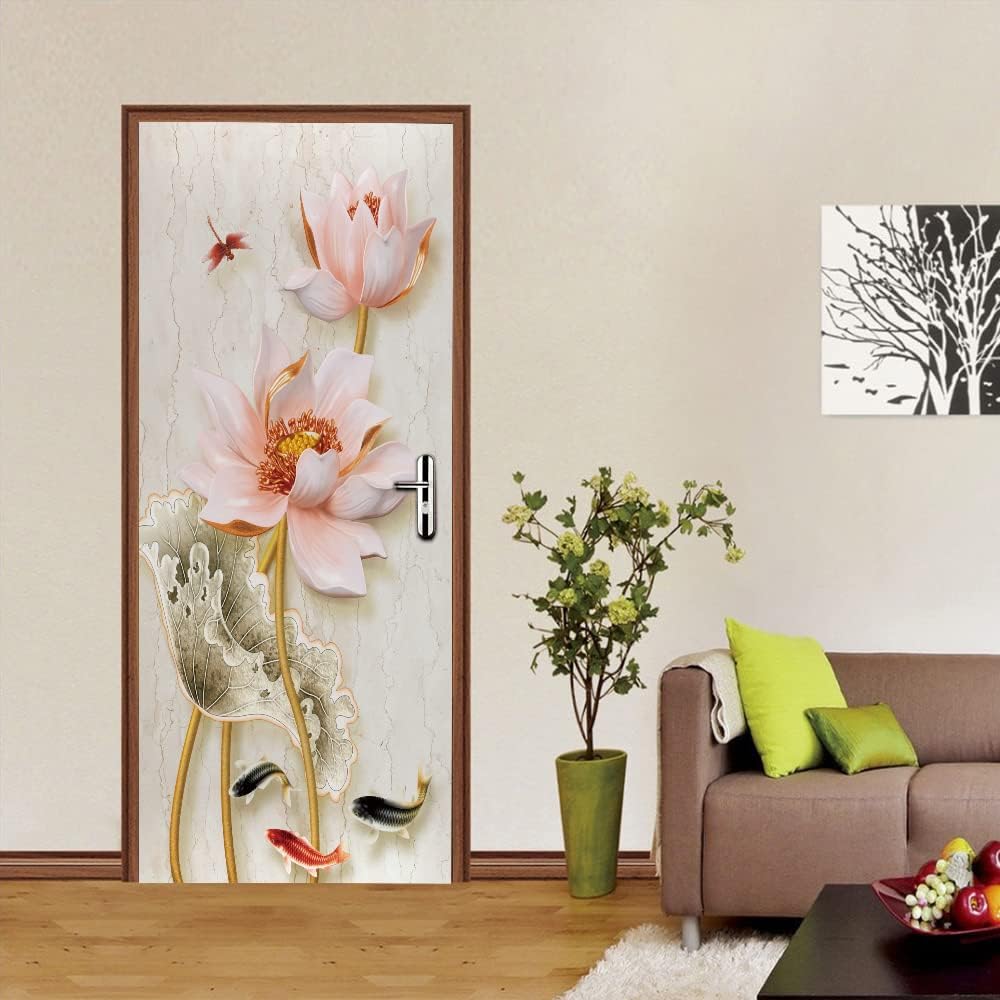 GOKSEL PVC Door Stickers 3D self-Adhesive Door Poster Pink Flowers DIY Door Sticker Wall Art Mural Home Decals Wallpaper Decal Decoration Decor Photo Living Room Renovation W30.3 x H78.7 inch