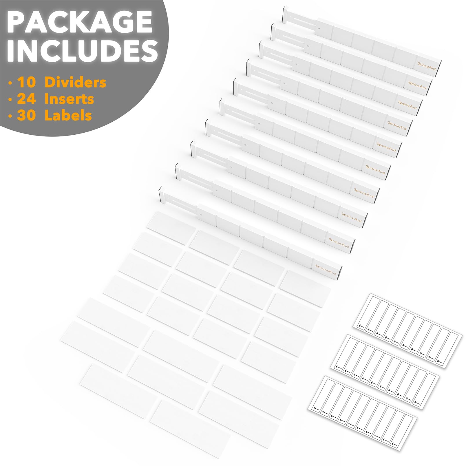 SpaceAid Divisori per cassetti in bambù, con inserti ed etichette, organizer regolabili per la casa, per i cassetti di cucina o ufficio, 10 divisori con 24 inserti (43-56 cm, bianco)