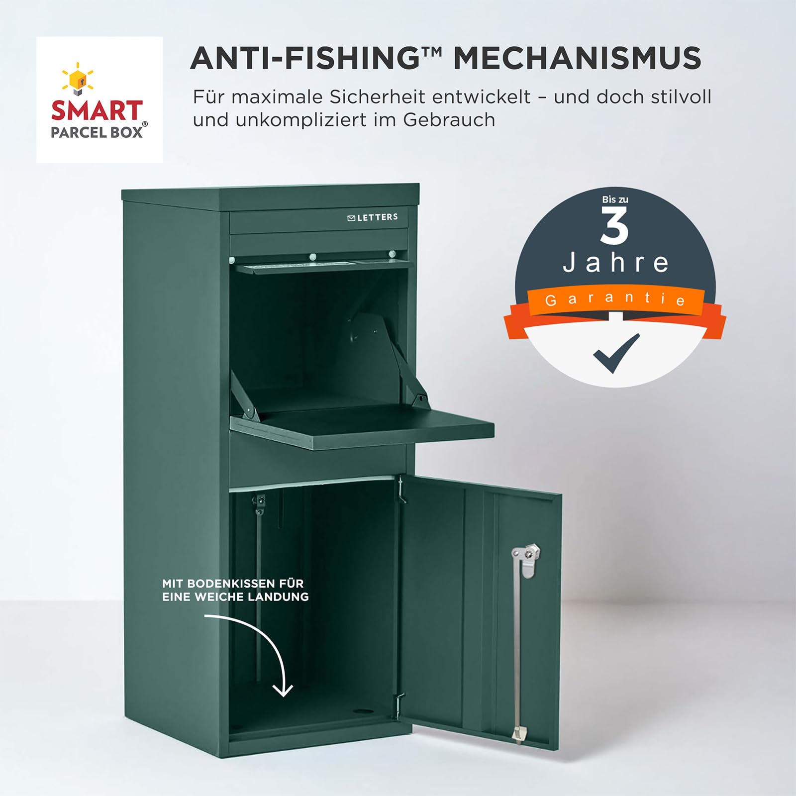 Smart Parcel Box Paketbox L - Briefkasten mit Paketfach wetterfest, grün | Paketbriefkasten, Paketbox draußen, Entnahme hinten & vorne, Standbriefkasten, rostfrei, verzinkter Stahl, pulverbeschichtet