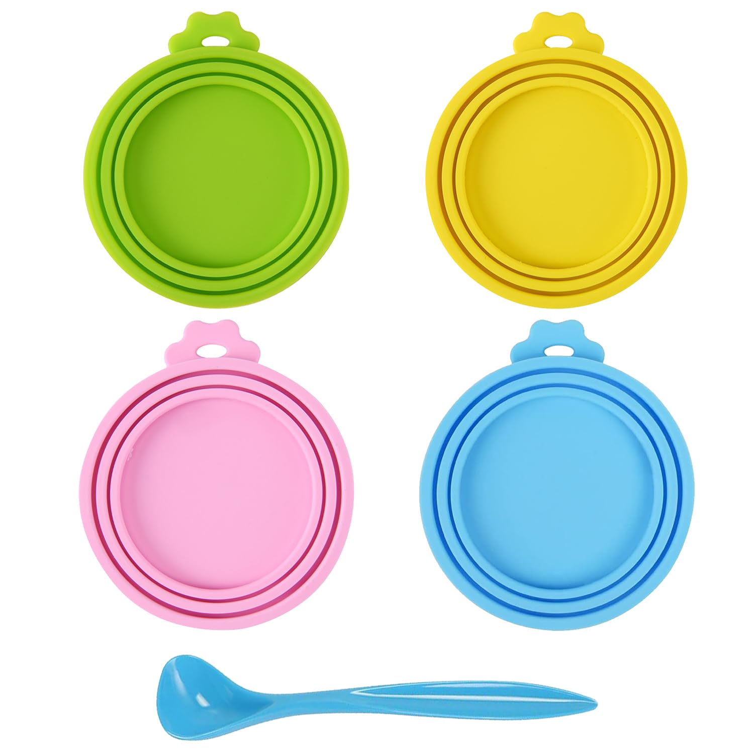 ZEACCT 4 Pcs Pet Food Can Lids Caps, Dog Food Tins Covers, Universal Silicone Tins Lids, with Spoon, Cat Food Stretch Lids, Pet Can Airtight Covers, Fits All Standard Pet Can Sizes
