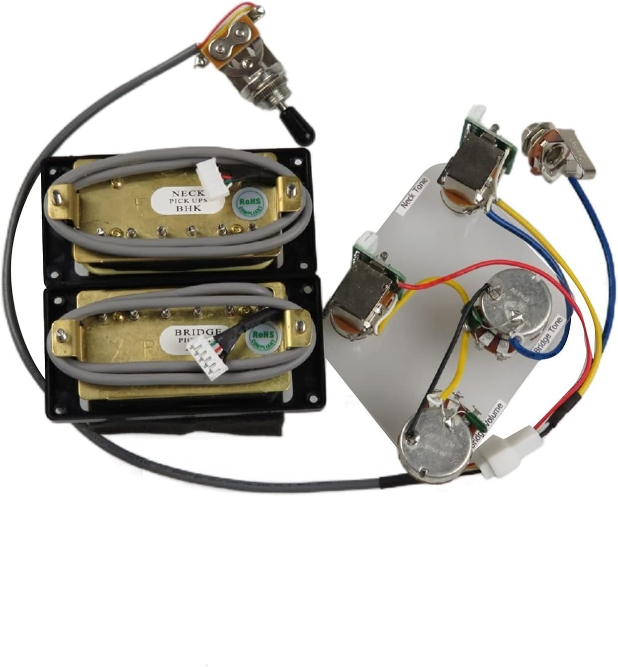 Premium Humbucker Tonabnehmer Hals und Steg Set mit 4C-Kabelbaum und Push-Pull-Schalter für Gibson Epiphone E-Gitarre (silberfarbener schwarzer Rahmen)