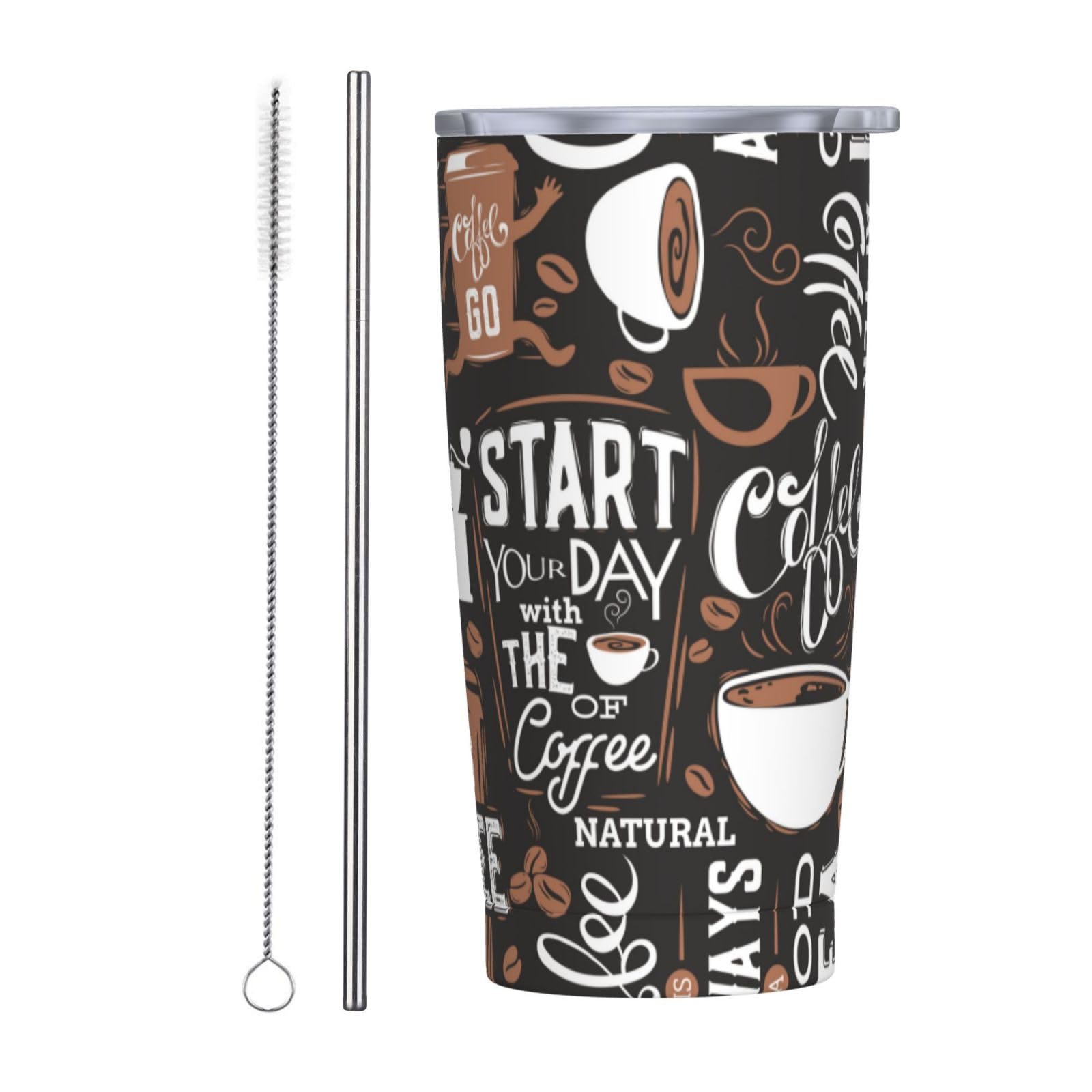 Coffee Mug Theme 20oz Stainless Steel Tumbler, Insulated Reusable Stainless Steel Thermal Cup with Lid & Straw, Leakproof Travel Coffee Mug Water Bottle for Drinks Water Coffee