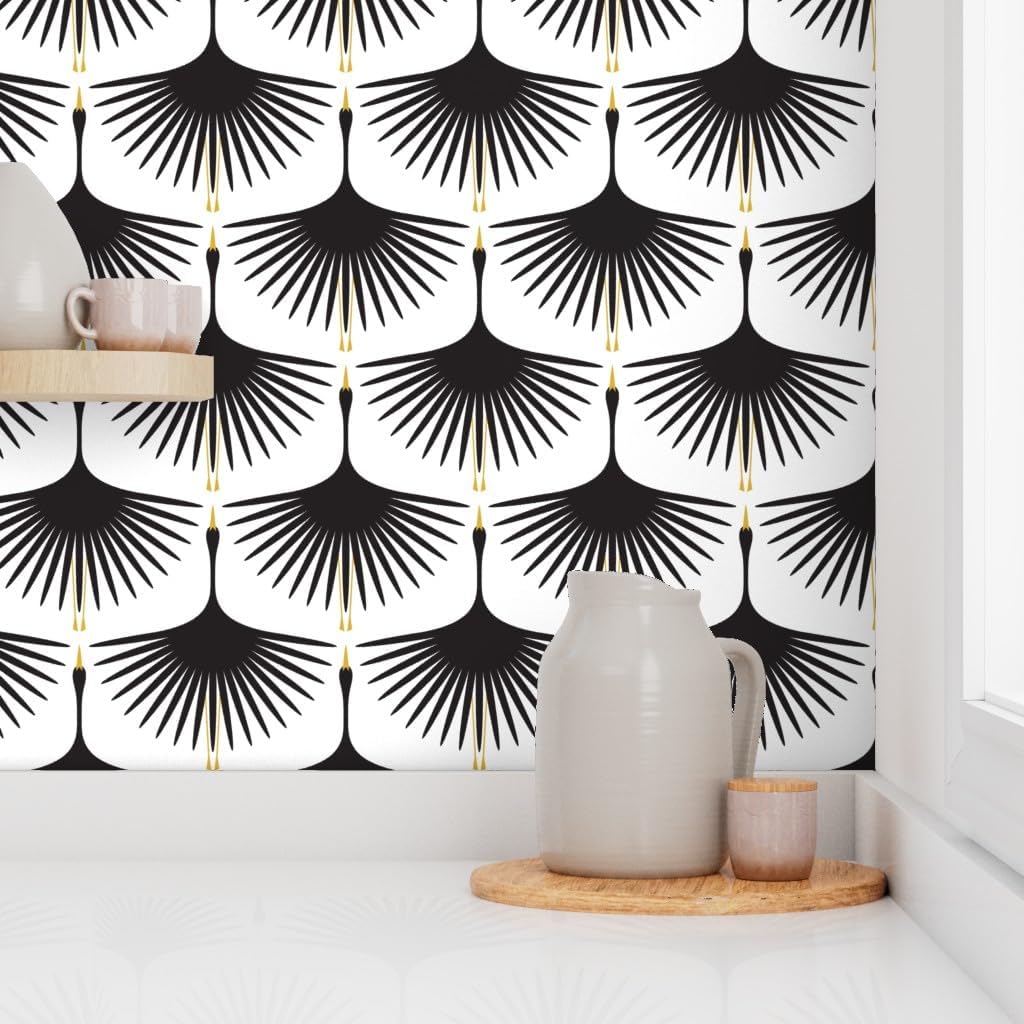 Peel & Stick Wallpaper 3ft x 2ft - Art Deco Black White Bird Animal Swan Minimalist Mod Modern Custom Removable Wallpaper by Spoonflower