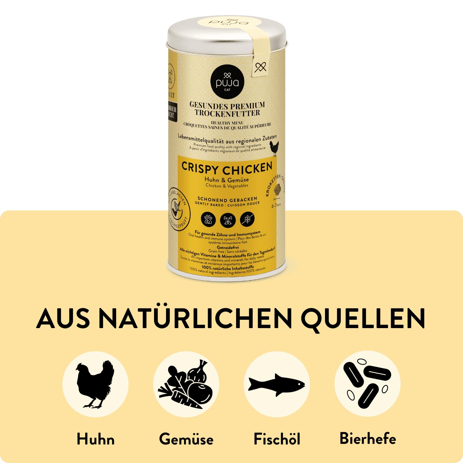 PUJA Premium Trockenfutter für Katzen Crispy Chicken 2x250g - 100% natürliche Inhaltsstoffe & für Sensible Katzen geeignet - mit Tierärzten entwickelt für die Gesundheit