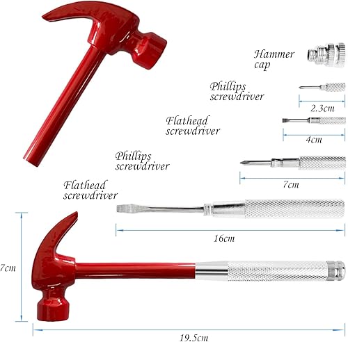 Miniatura 2 de Juego de mini martillo y destornillador multiherramienta 6 en 1 rojo - Herramientas de mano para acampar con cabeza de martillo de metal