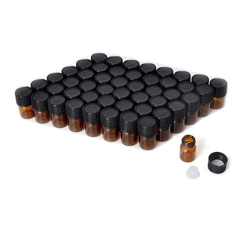 Enslz Mini botellas de aceite esencial vacías botella de muestra de 0.0 fl oz (14 dram) 0.1 fl oz (58 dram) botella de vidrio ámbar con reductor de
