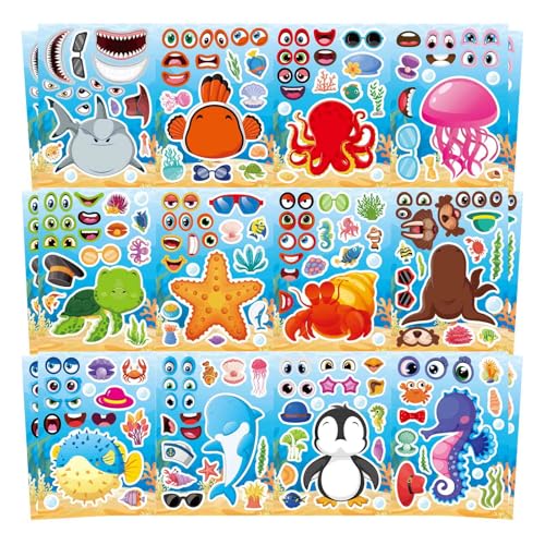 24 Sheets Ocean Stickers for Kids Make a Face Sea Animal Mix and Match Sticker Sheets Summer Sticker 12 Sea Creature Designs for Party Favors Classroom Activities Arts & Crafts