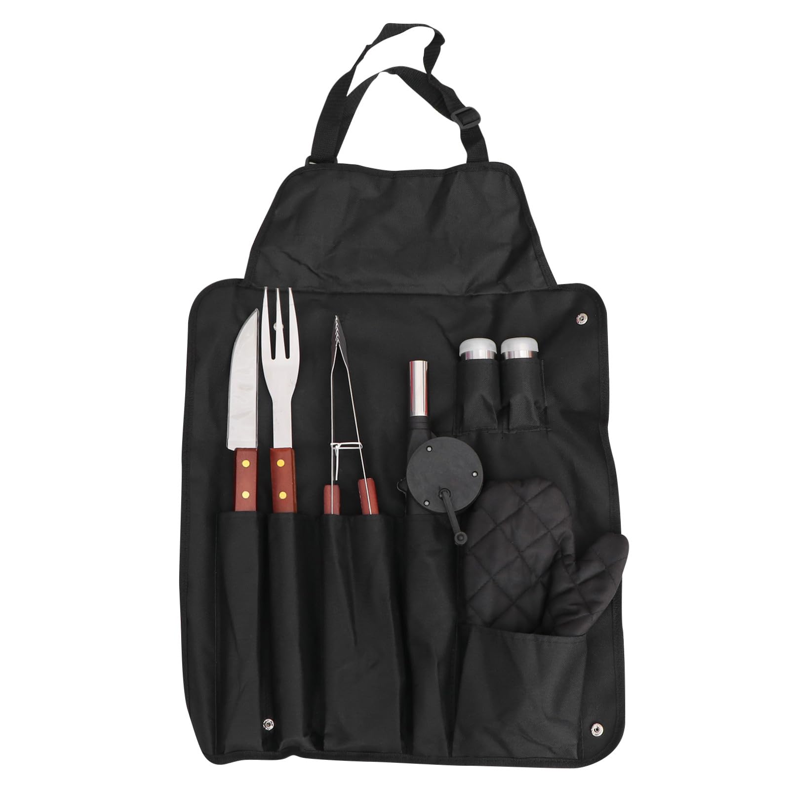 Set Utensili Barbecue Portatile Acciaio Inox Guanto | Nero, Manico in Legno, Borsa Inclusa, per Campeggio e Outdoor, Accessori per Griglia