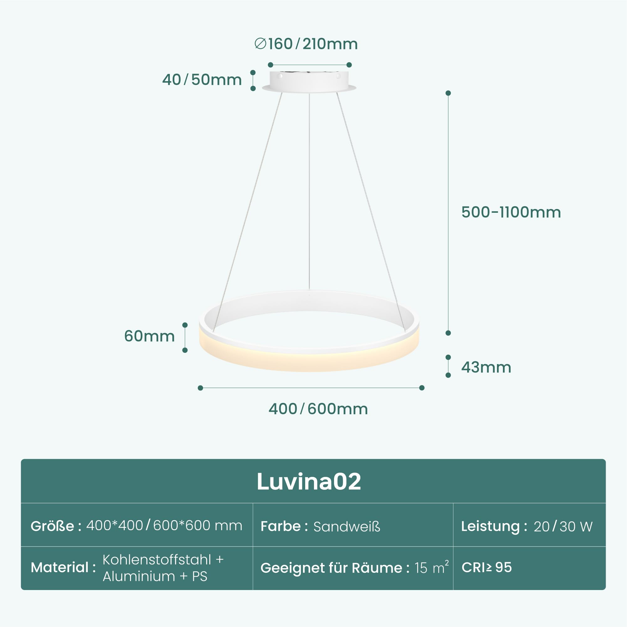 Mai & Mai Pendelleuchte Esstisch, dimmbar mit Fernbedienung & Wandschalter | LED Hängelampe, 60cm, 3000K–6000K,30W, höhenverstellbare Design, Moderne, Luvina02, Sandweiß