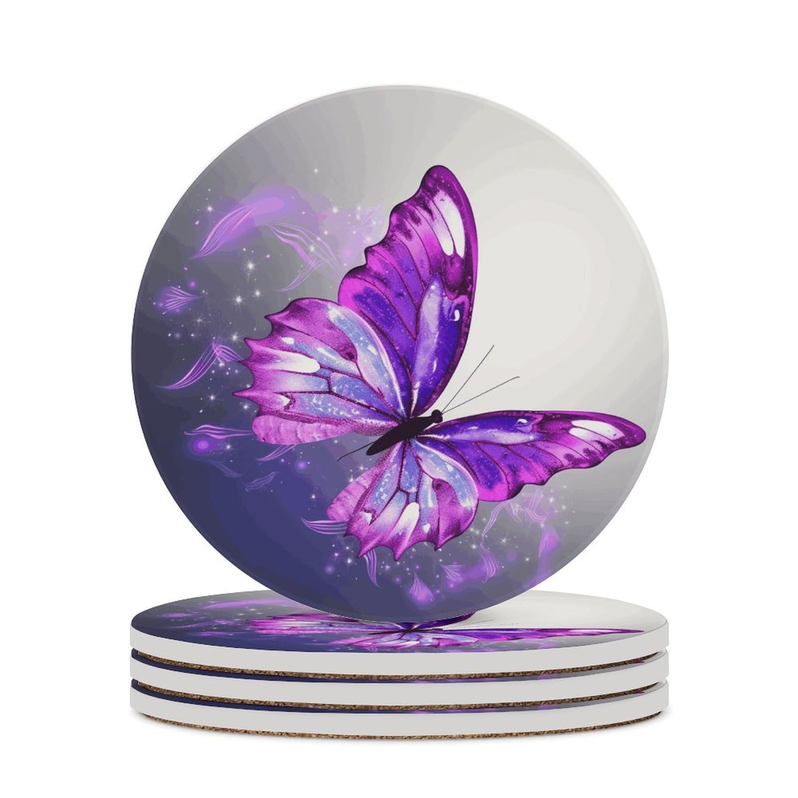Purple Butterfly Coaster with Cork Base Drink Coasters for Coffee Table Decor Modern Cup Coasters with Non-Slip & Heat-Resistant Cute Ceramic Table Coaster for Home Dining