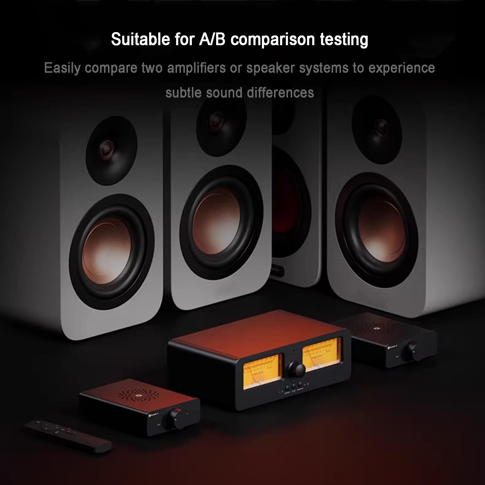 Conmutador de audio, amplificador de 2 vías con medidor dual VU y control remoto para amplificadores estéreo de alta fidelidad y altavoces pasivos