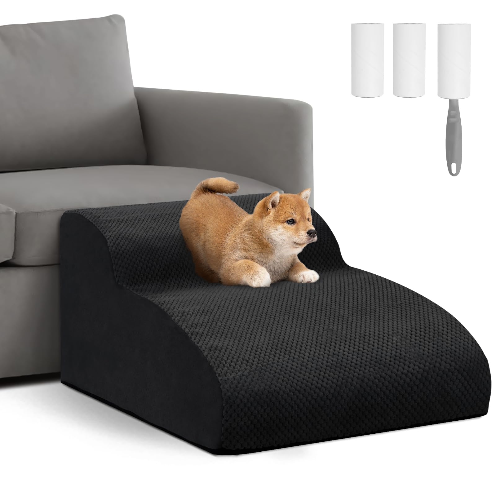 Escaleras para Perros de 2 Peldaños, Rampa para Mascotas de Espuma de Alta Densidad, Escaleras para Mascotas con Cubierta de Felpa Extraíble y Lavable, para Sofá o Cama, Negro