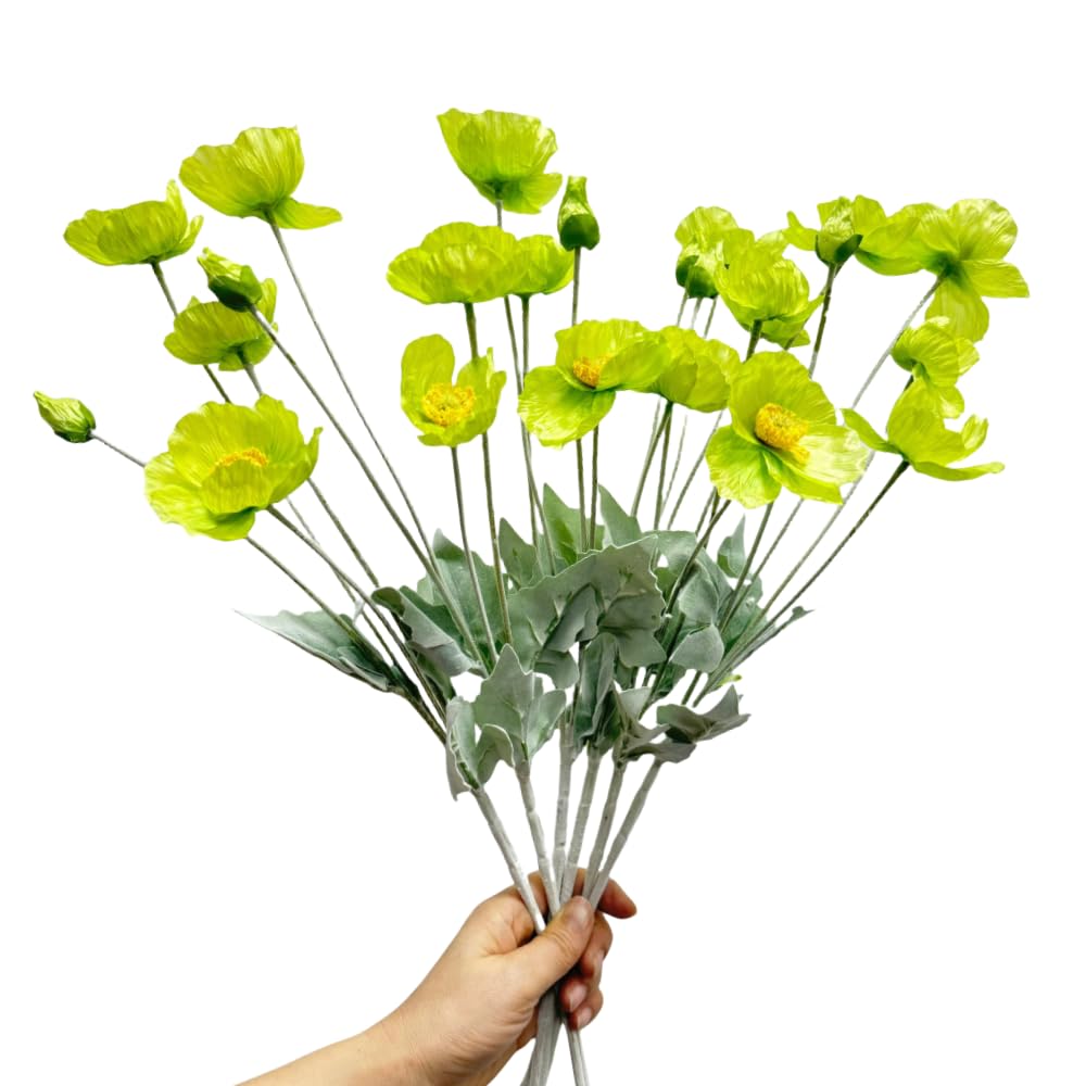 Poppies Flowers Artificial,Ranunculus Artificial Flowers,Silk Flowers with Stems,Faux Flower Stems for Wedding,Party,Garden Outdoor Indoor Decor Flower Arrangements for Table (6, Green) โ image 1
