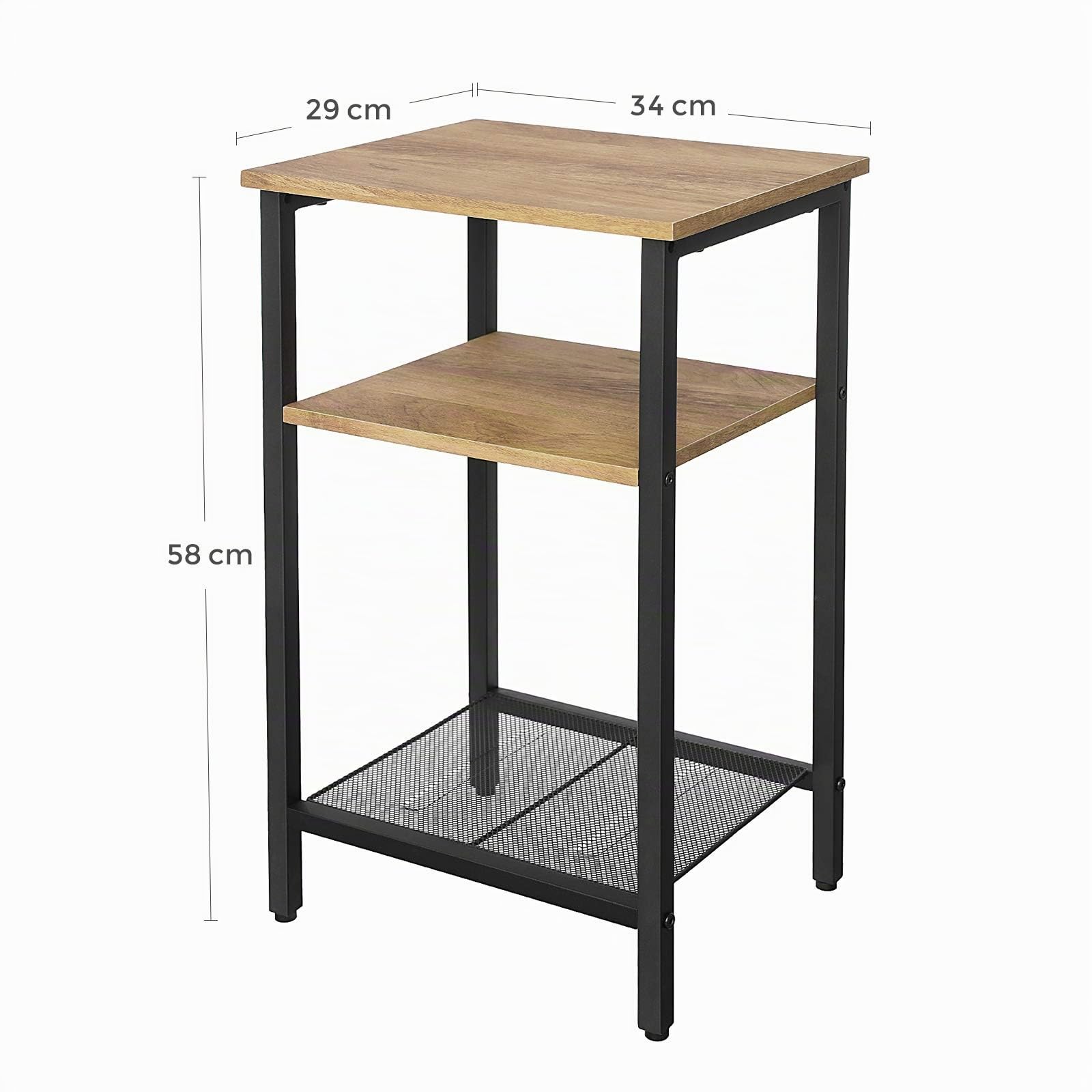Vasagle Tavolino da Salotto, Comodino con 3 Ripiani, Struttura Resistente in Acciaio, Soggiorno Camera da Letto, Assemblaggio Semplice, Marrone Miele e Nero