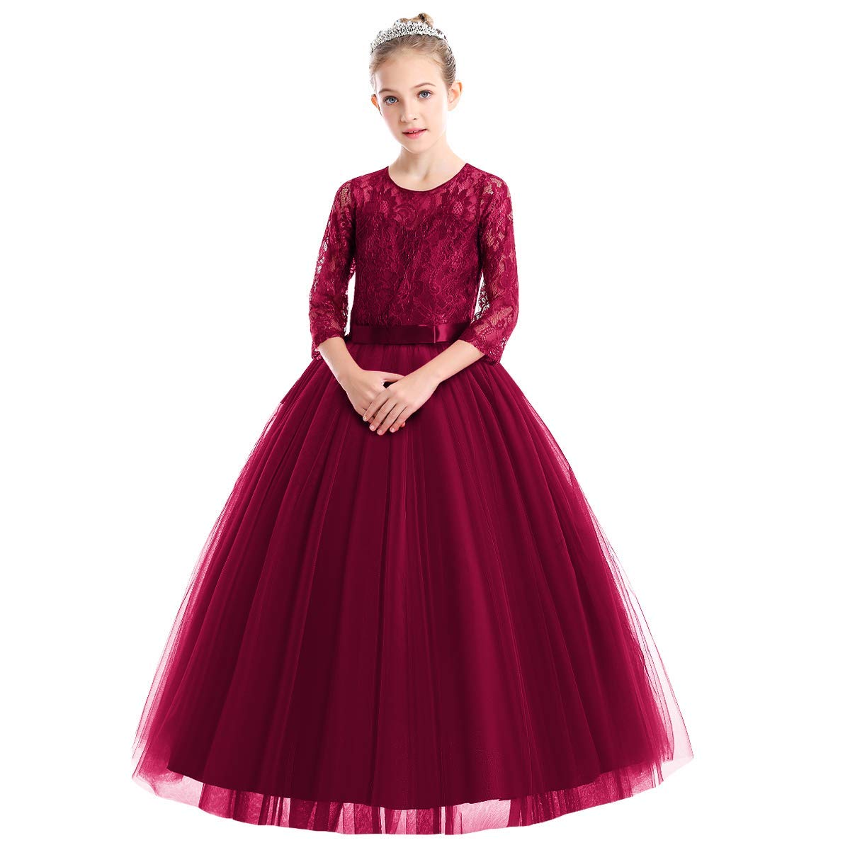 IWEMEK Flower Girls 3/4 Sleeve Floral Lace Tulle First Communion Pageant Dresses Kids Big Girls Princess Birthday Carnival Christmas Bridesmaid Wedding Party Prom Ball Gown 2-14 Years — view 24
