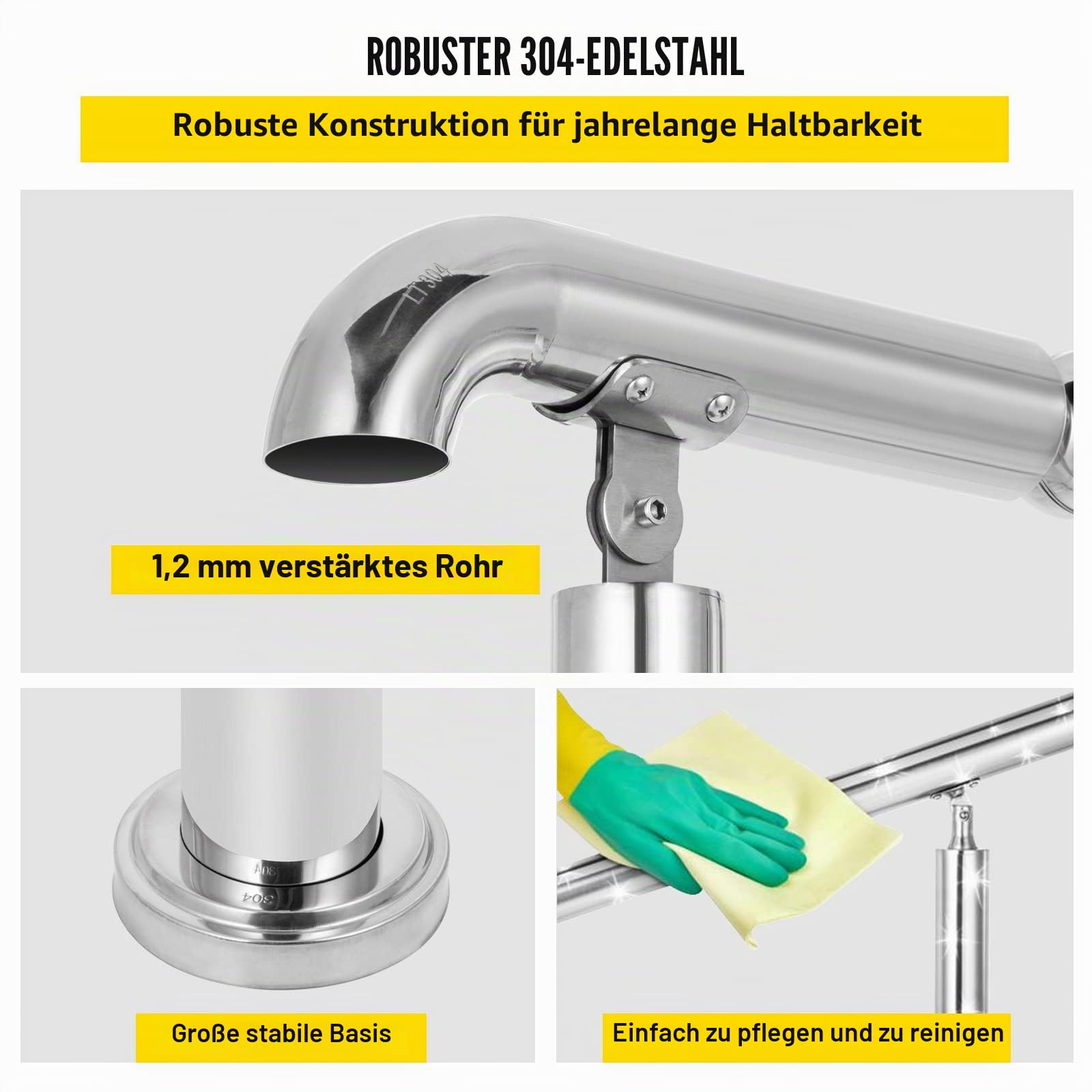 Happybuy Treppengeländer 5 Stufen, Handlauf Edelstahl mit Pfosten, Verstellbare Eingangsgeländer Silber 1,6 m