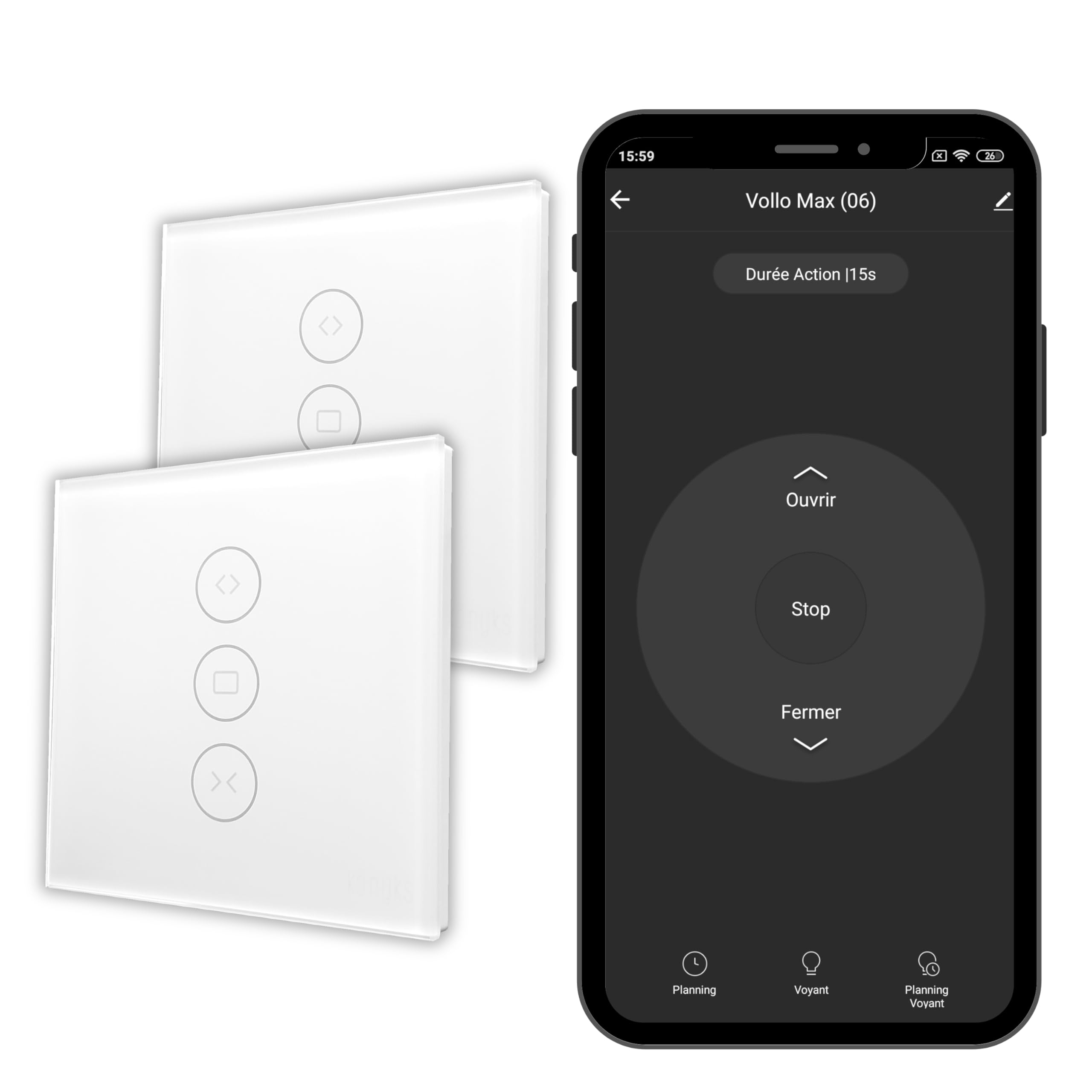 Konyks Vollo Max 3 - Lot de 2 interrupteurs connectés pour volets roulants - Installation facile, contrôle vocal avec Alexa, Google Home et Siri et à distance, programmation horaire,