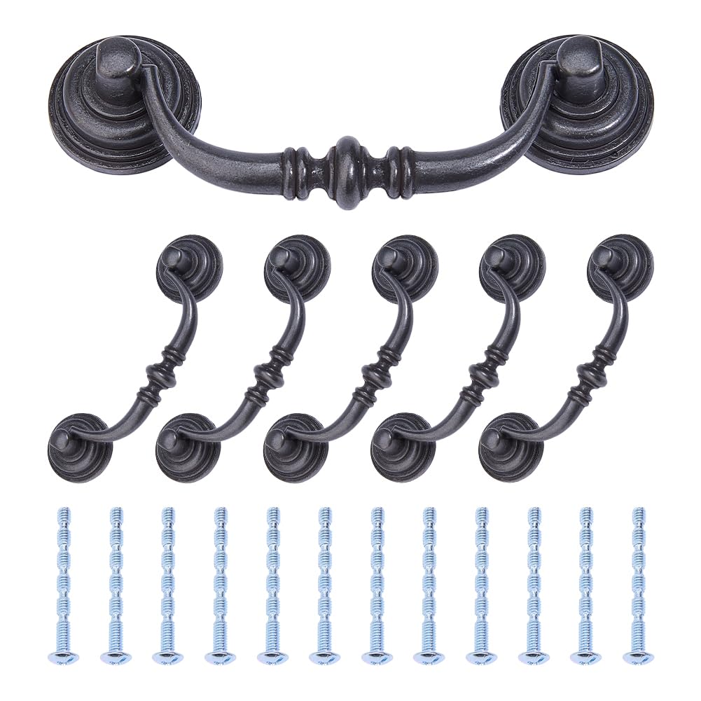 SUPERFINDINGS 6 Sets Antique Drop Bail Pulls 9cm Hole Center Black Vintage Decorative Cabinet Pull Handles with 12Pcs Screws Zinc Alloy Drawer Handles for Dressers Cupboards Wardrobes Kitchen
