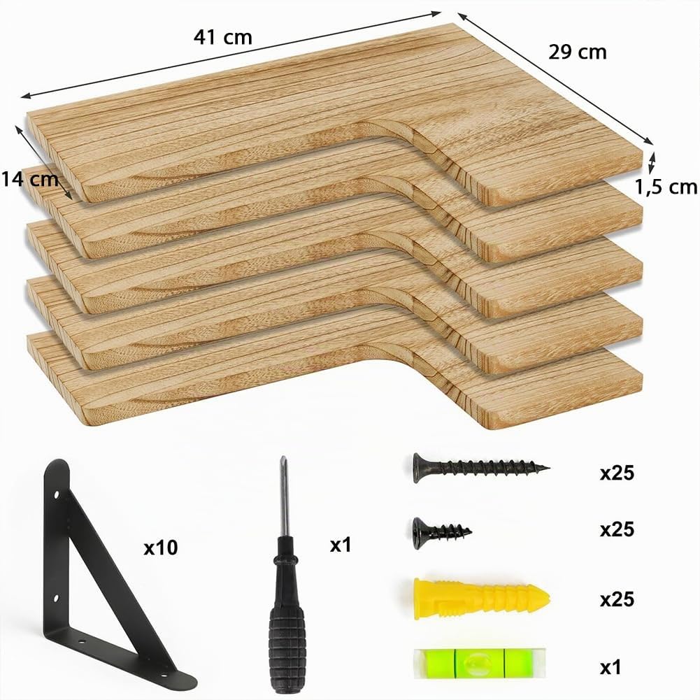 BAKAJI Lot de 4 étagères d'angle en Bois, étagères d'angle à Montage Mural, tiges métalliques, étagères pour Chambre à Coucher, Salon, Cuisine, Salle de Bains, bibliothèque Peu encombrante (chêne)