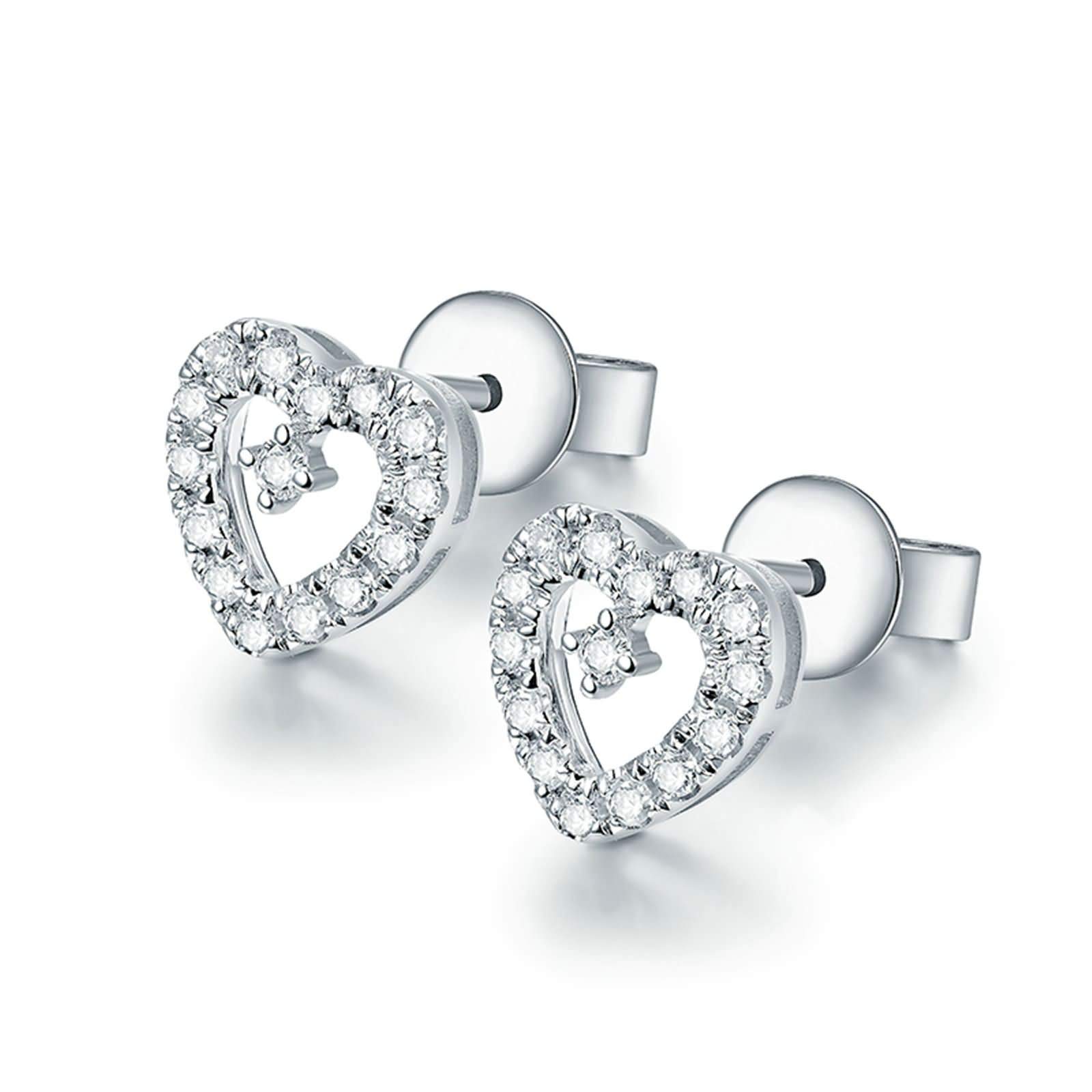 9K / 14K / 18 K Weißgold Ohrringe Hochzeit Damen, Hohl Herz mit Diamant, Ohrringe Silber Damen für Hochzeit
