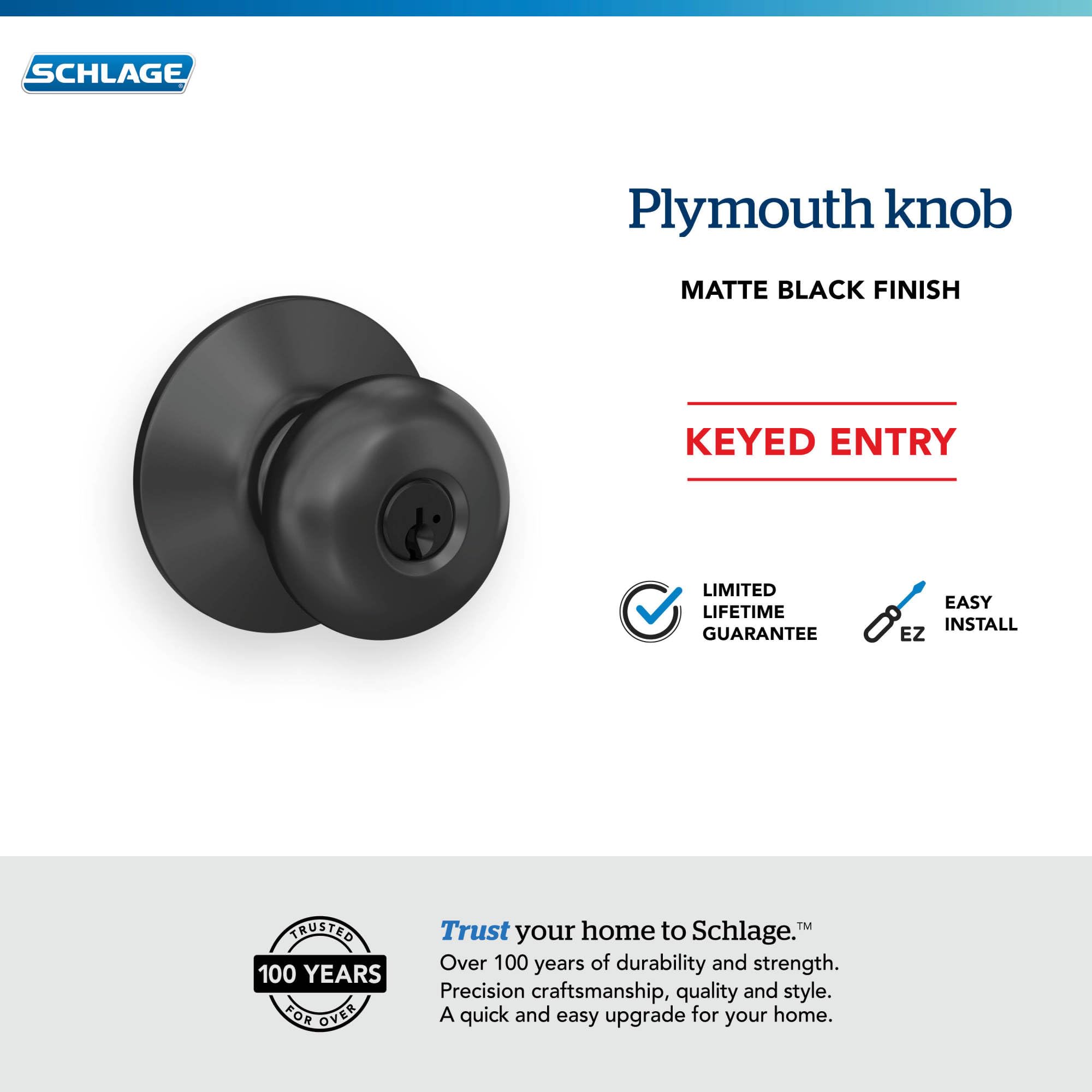 Schlage F51A PLY 622 Plymouth Door Knob, Keyed Entry Lock, Matte