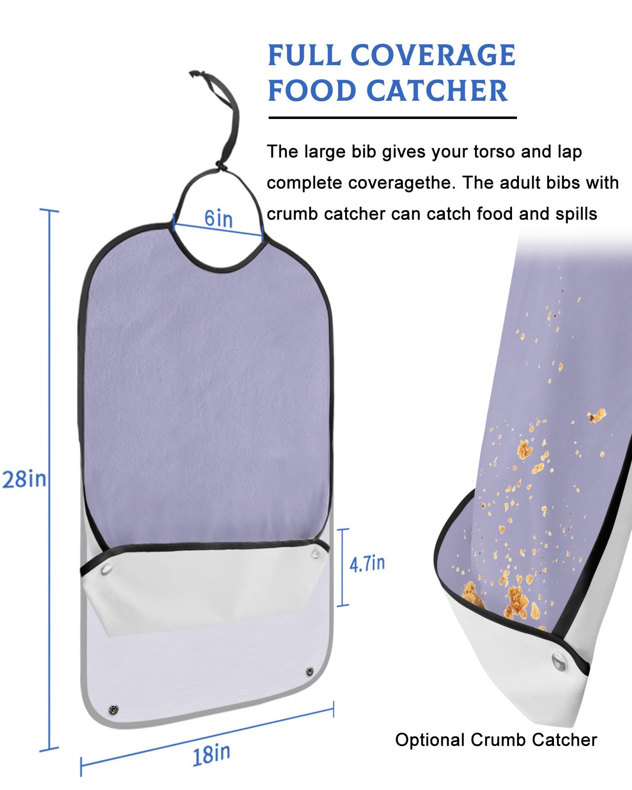 LEOKOTI Pure Lavender Adult Bibs for Eating, Waterproof Bibs with Food Catcher & Adjustable Snap Closure, Simple Solid Color Washable Clothing Protectors Adult Bibs for Elderly Women/Men
