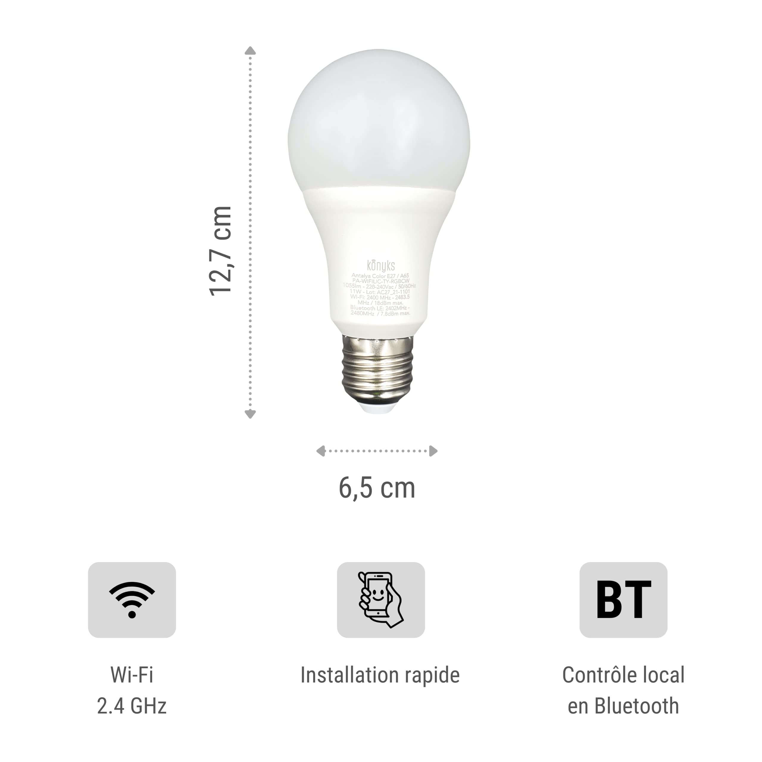 Konyks Antalya Color E27 - LED WiFI + BT, 1055 lumenów, 11 W, kolory + regulowany biały, kompatybilny z Alexa lub Google Home, łatwa automatyzacja