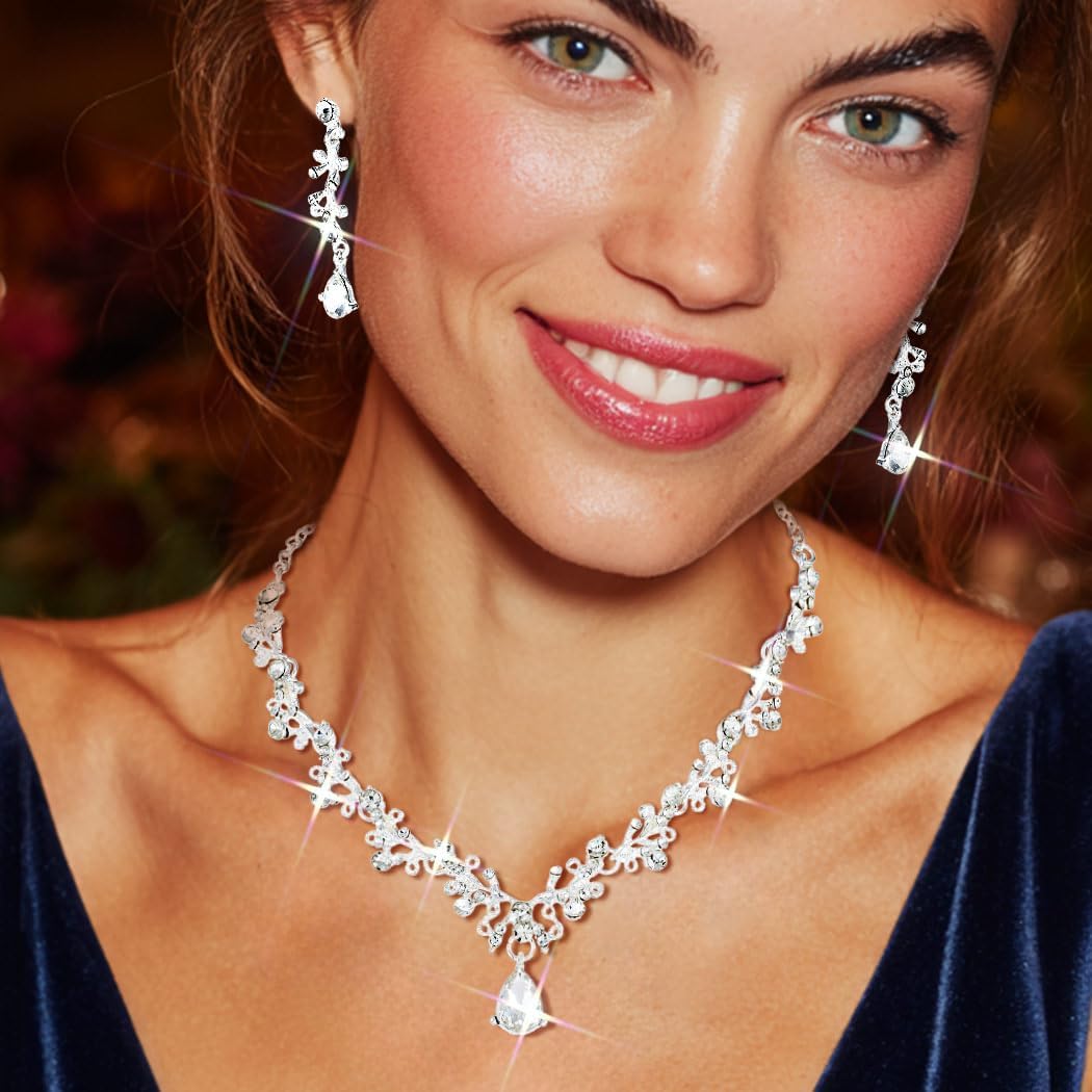 JAKAWIN Black Rhinestone Jewelry Set Formal Necklace Earrings Set for Women (3 Black) - Image 2