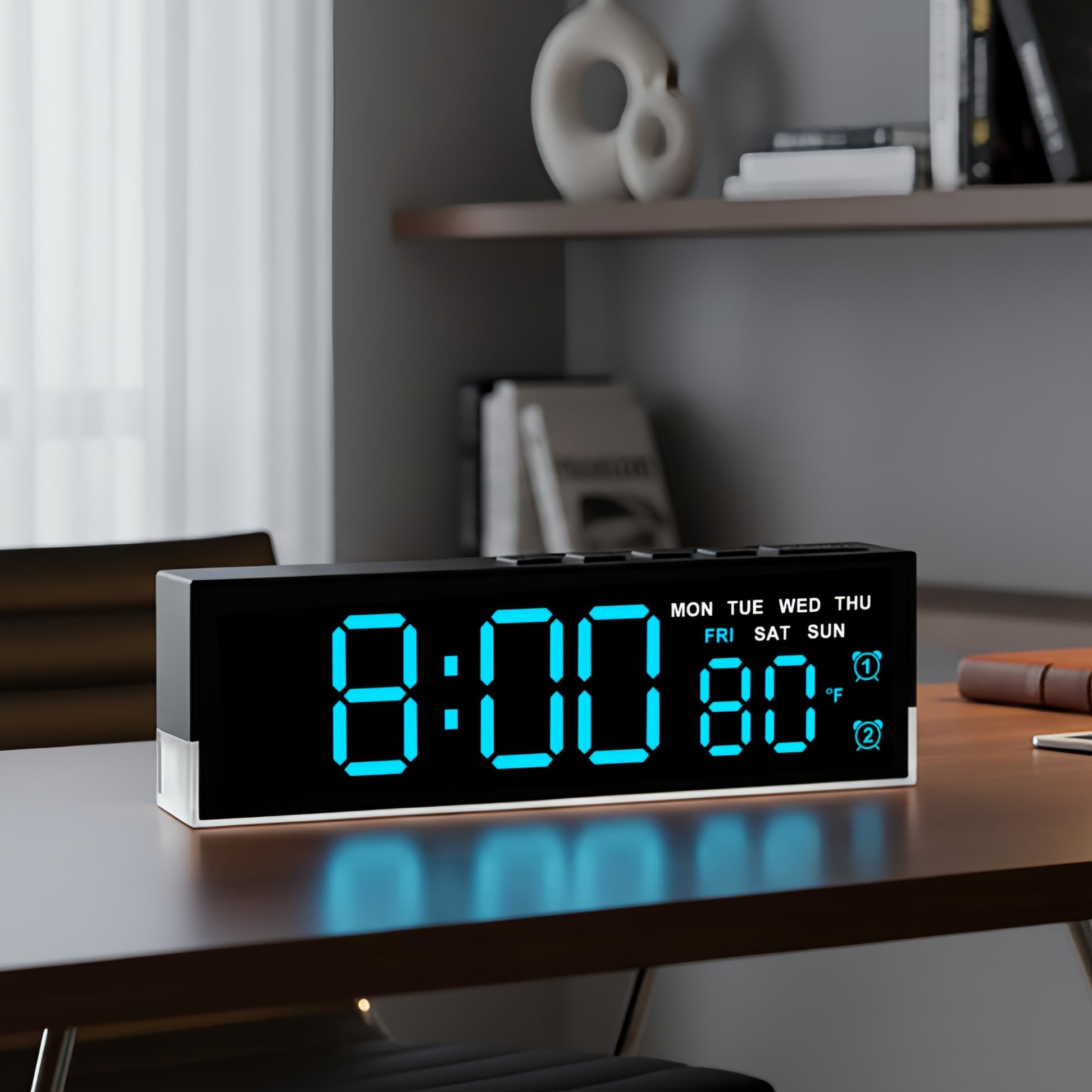Photo 1 of 45MinST 7-Inch LED Digital Alarm Clock with Bottom Glow Light?Displays Time, Date, Day, Temperature?Dual Alarms, DST, Auto/Manual 3-Level Brightness, Battery or USB Powered Desk Clock,Blue