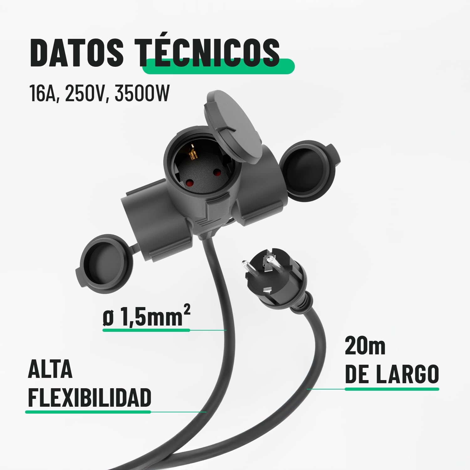 greate alargador electrico 20 Metros de 3 Tomas - Alargadera Impermeable IP44 para Áreas Exteriores - Cable electrico 3500W - Extension Lead, alargador Enchufe, alargo Enchufe, alargadores enchufes
