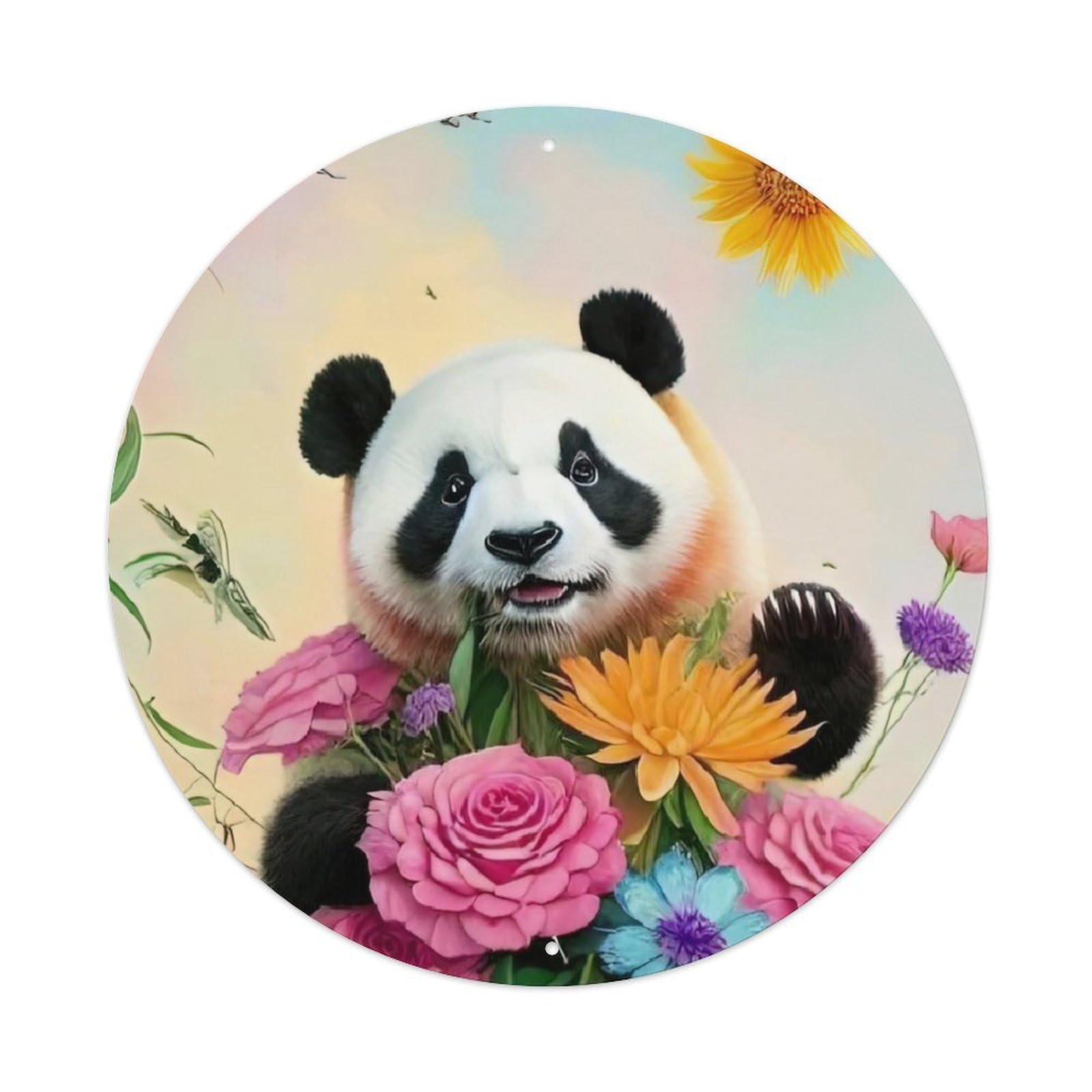 Animal Panda And Flowers Metal Tin Sign