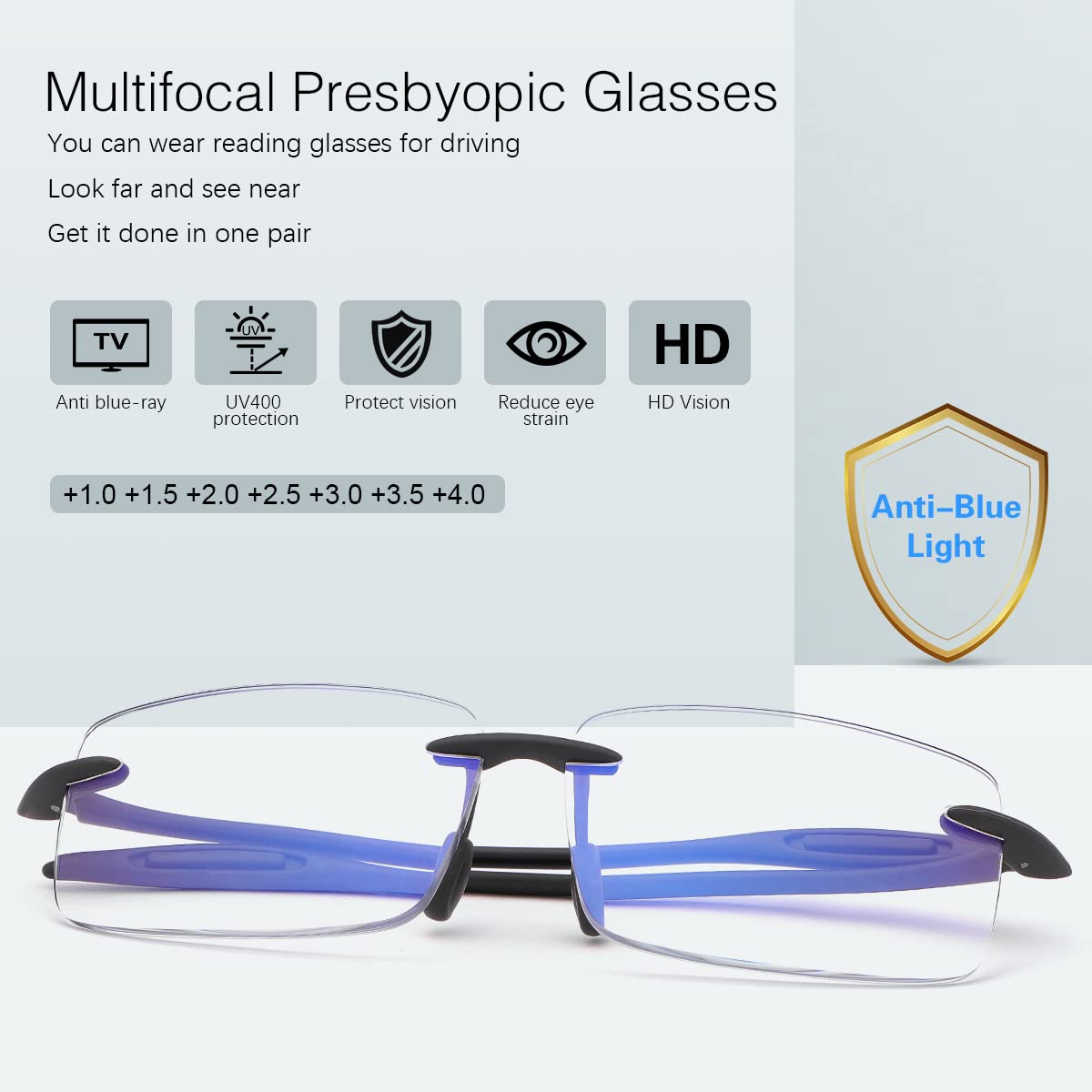 Rimless Progressive Multifocus Reading Glasses Computer Blue Light Blocking for Women Men No Line Multifocal Readers Anti Eye Strain/Glare UV Filter Lightweight TR90 Flexible Frame Eyeglasses 3.0 - Image 3