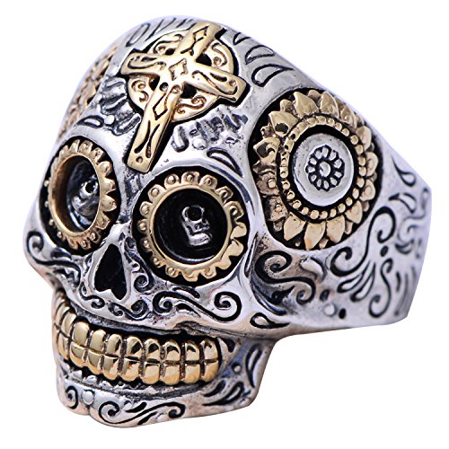 Real 925 Sterling Silver Mexican Sugar Skull Head Ring Golden Eye Cross Punk Gothic Biker Jewelry for Men Women Size 8-13