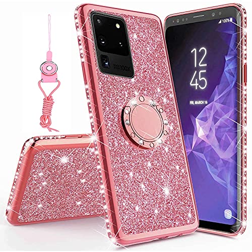 Shinyzone Compatible with Samsung Galaxy S21 Ultra Bling Women Case,360 Degree Rotating Ring Kickstand,Support Magnetic Car Mount,Glitter Sparkle Diamond Rhinestone Bumper Case,Rose Gold