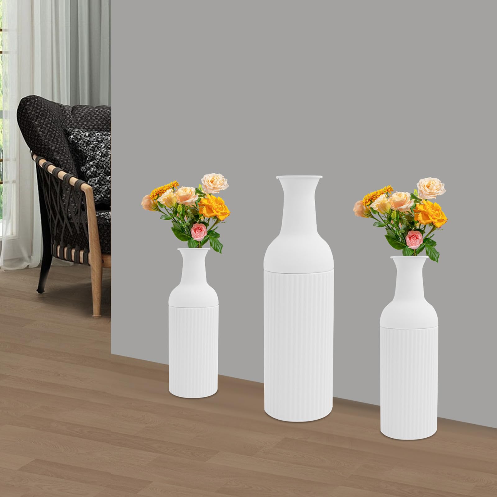 3er Set Bodenvase Groß Vasen, Metal Boden Tischplatte Blumenvasen, Moderne Deko für Wohnzimmer, Tisch, Regal, Kaminsims, Eingangs zum Pampasgras & Trockenblumen (Groß+Medium+Klein, Weiß)