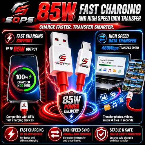 Image of 8A Type C Cable | 80W Charging Type C Cable | 8-Amp Vooc Supported Fast Charging Data Cord | Red Colour Tangle Free 1 Meter SuperVooc Dart Compatible Wire
