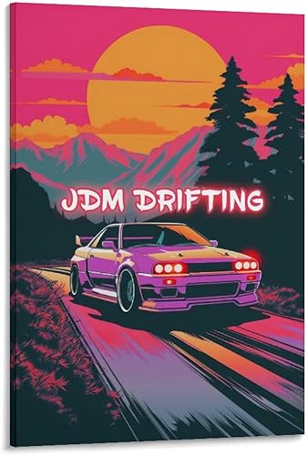 R32 Jdm Car Synthwave Retro Car Posters for Room Mens Living Room Bedroom Decor Aesthetic Art Prints Car Wall Decor Canvas Art Wall Decor Framed