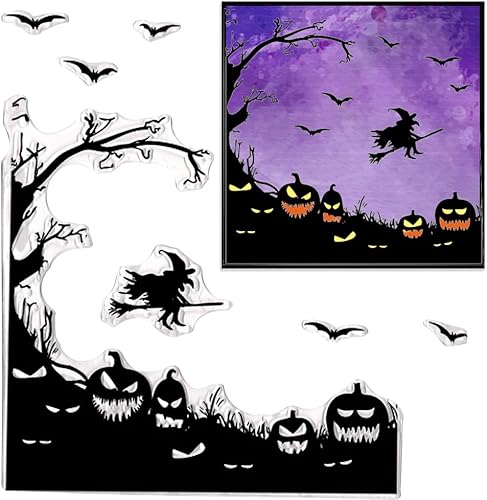 Sellos transparentes de Halloween para hacer tarjetas, fondo de árbol, sellos de goma transparente, bruja, murciélago, calabaza, para decoración de disponible en Yaxa Peru