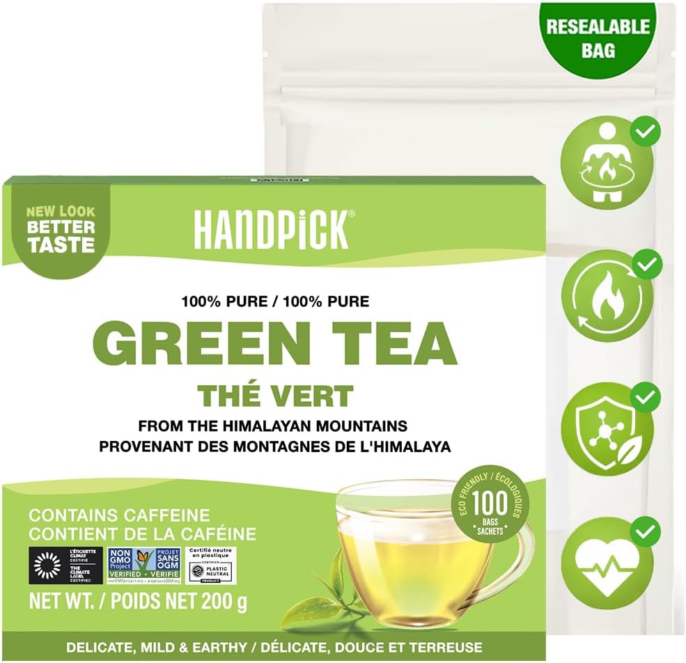 HANDPICK, Himalayan Green Tea Bags - 100 Tea Bags | Resealable Pack for Freshness | Delicate & Flavory | Direct From India