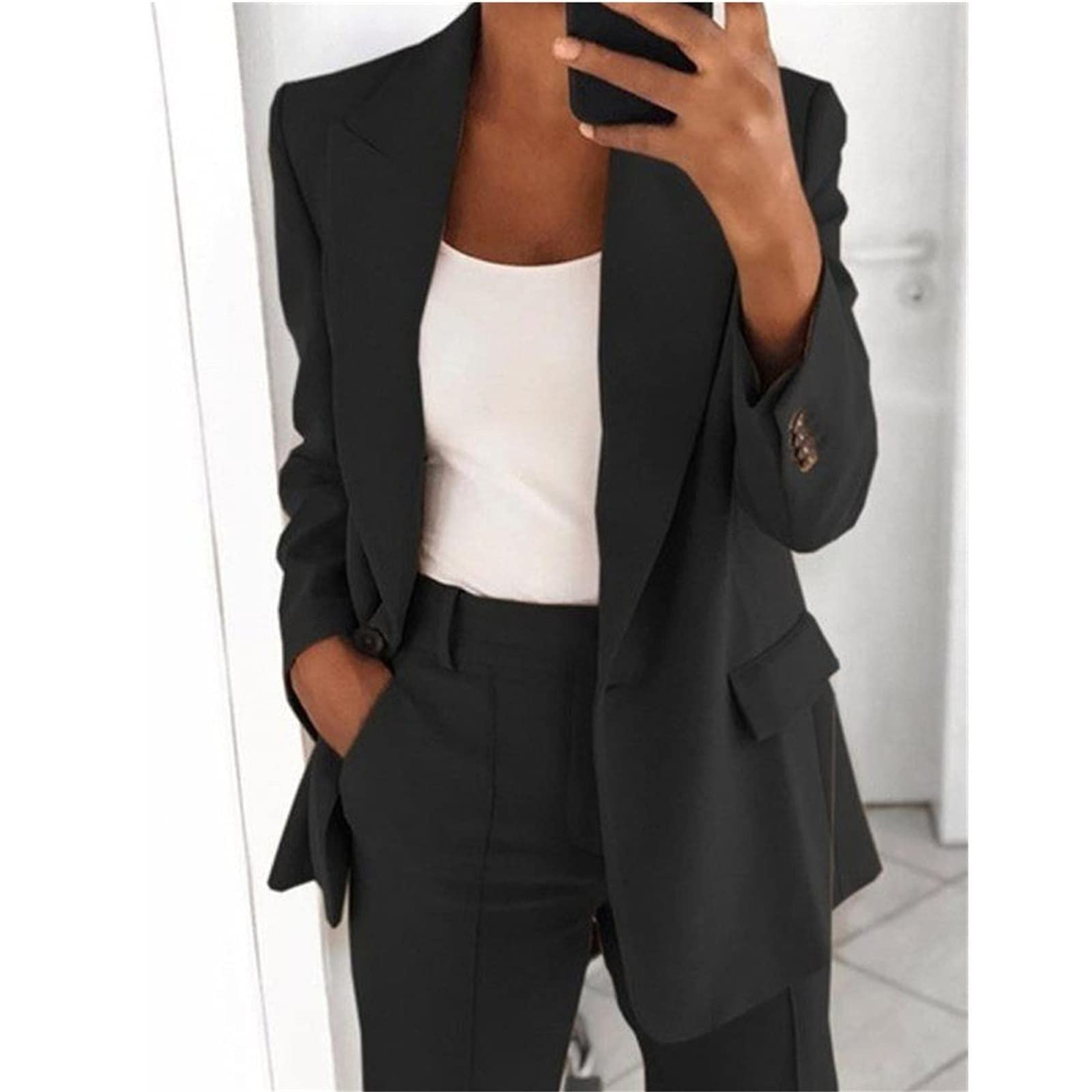 Conjunto de blazer para mujer, trajes de 2 piezas para mujer, chaqueta de manga larga con botones, pantalones largos, color sólido, trajes de dos piezas, ropa de abrigo con solapa, blazer y