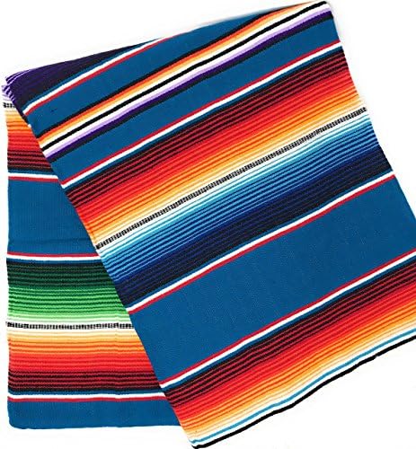 Mexitems Large Authentic Mexican Blanket Colorful Serape Blanket 7' X 5' (Pick Your Color) (Blue)