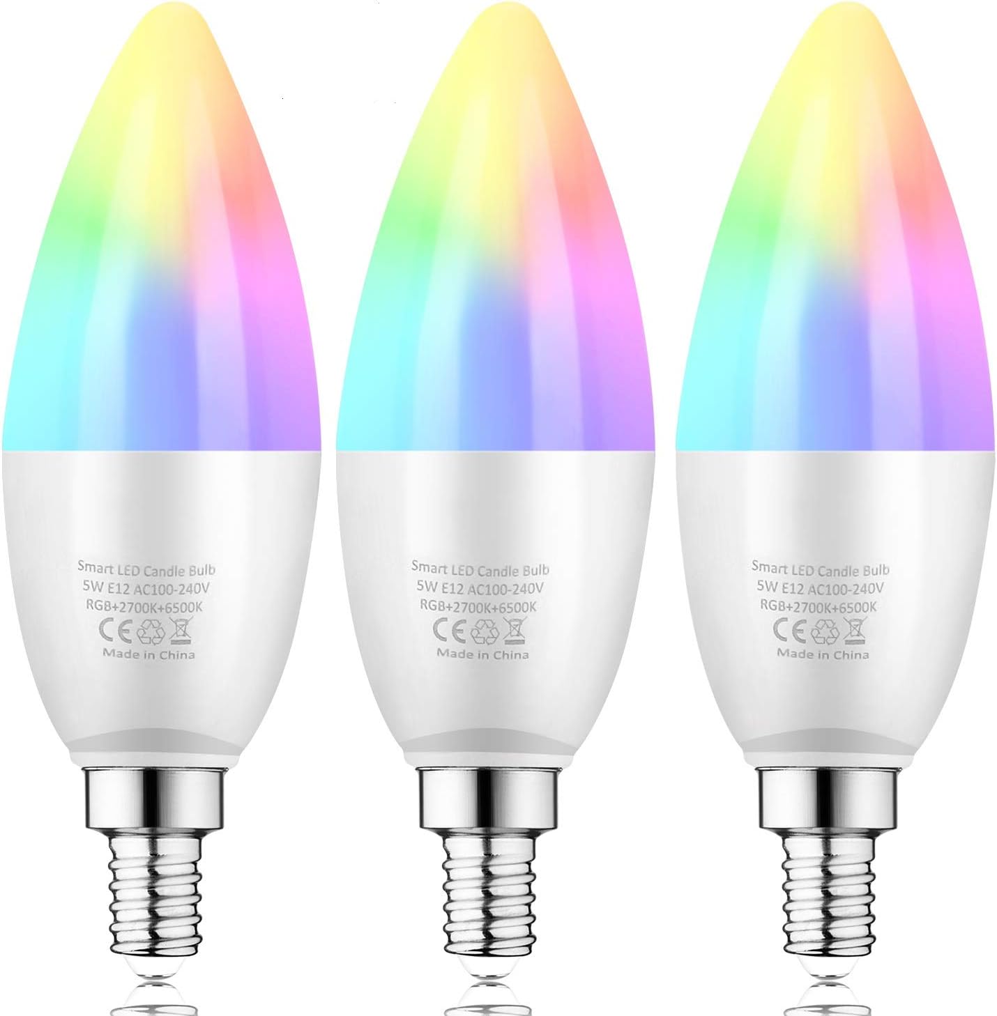 E12 Smart Bulbs,Candelabra Base WiFi Smart Light Bulbs RGB+ Warm+ Daylight White Dimmable 40W Equivalent APP Remote Control Compatible with Alexa Google Assistant IFTTT (3 Pack)
