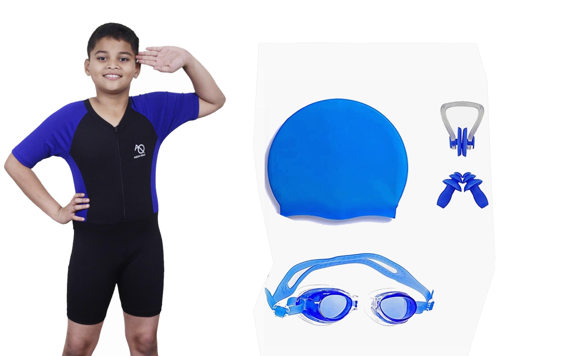 Aqua HolicSwimming Kit with 1 Printed Swimming Half Suit| Costume | with 1 Anti Fog Swimming Goggles, Swimming Cap,1 Nose Clip, 2 Ear Plugs,1 Swimming Ring(Tube) for Boys Multicolour