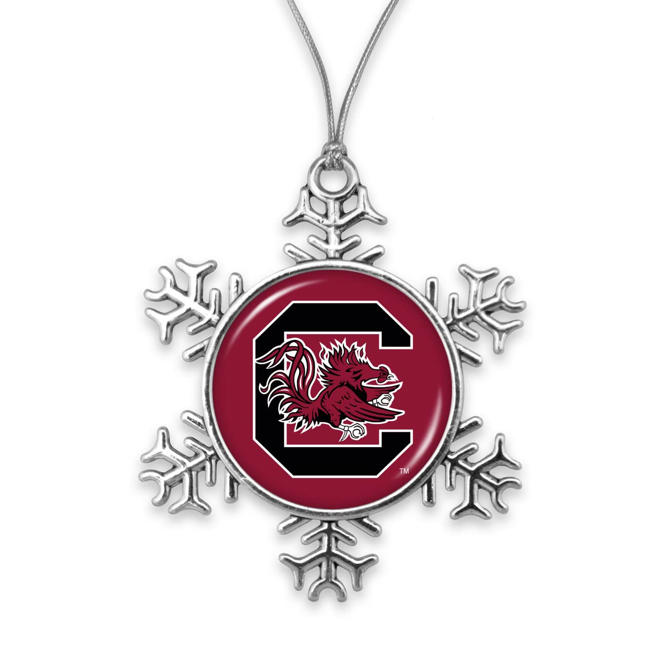 South Carolina Gamecocks Snowflake with Team Logo Silver Metal Christmas Ornament Gift Tree Decoration