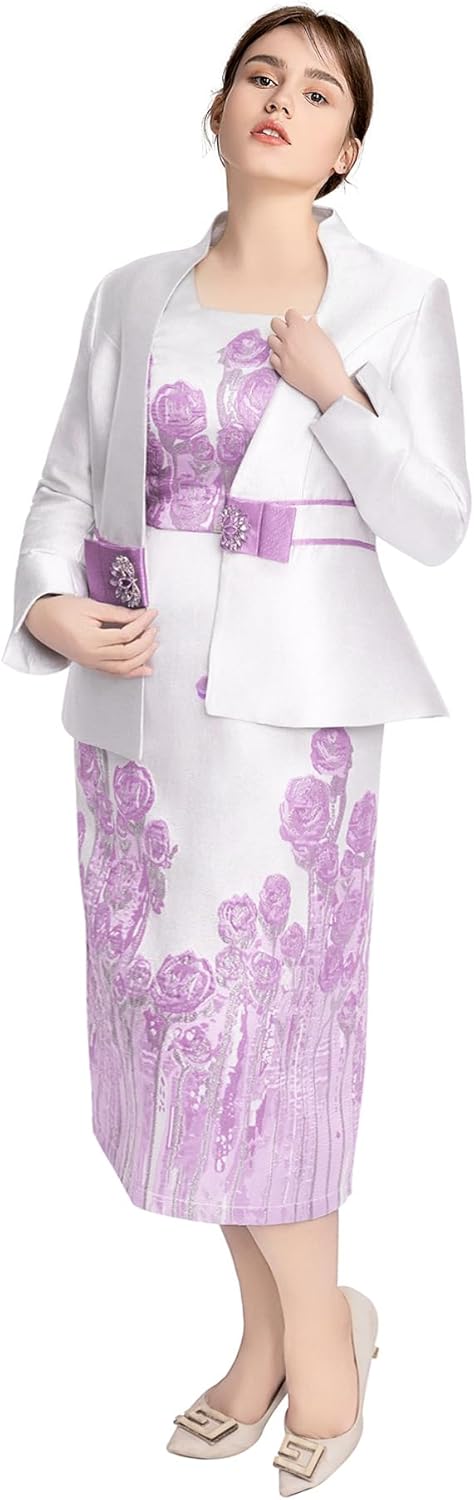 Geenlinm FASHlON Women's Dress Church Suits 2 Piece Jacquard Embroidery Jacket Church Set Plus Size Formal Attire