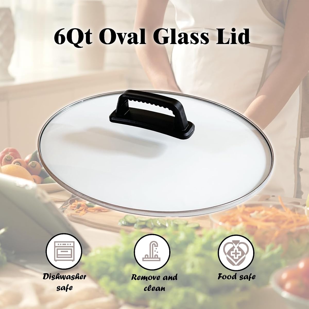 6 Quart Oval Slow Cooker Glass Lid Replacement, 12-1/4" x 9-3/4", Fits Crock-Pot, Hamilton Beach, Black+Decker & Most 6 Qt Slow Cookers